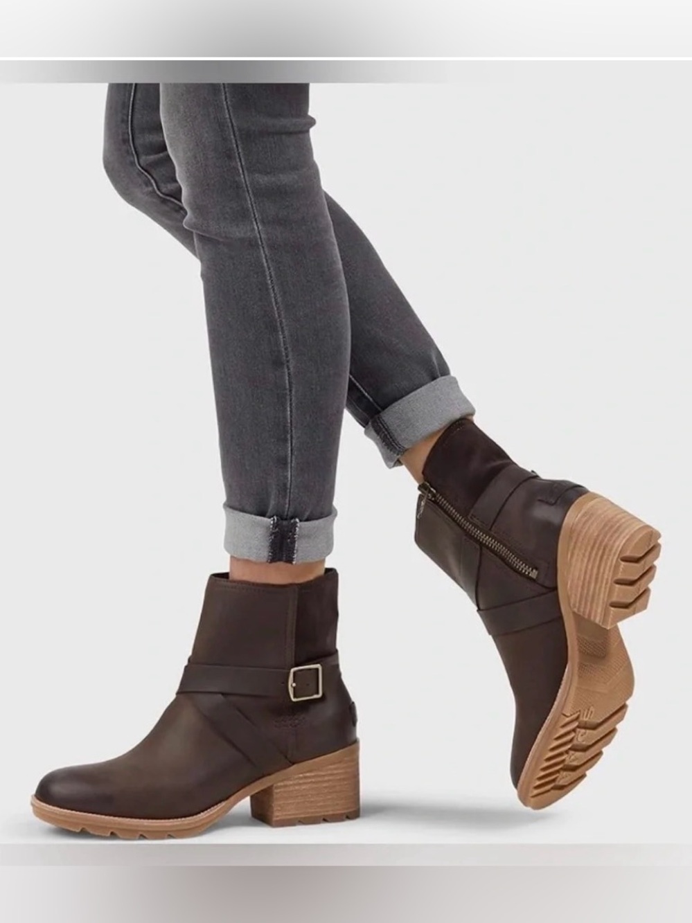 SOREL Cate Buckle Brown Leather Ankle Boots Gorpcore Rustic Moto Granola 8.5